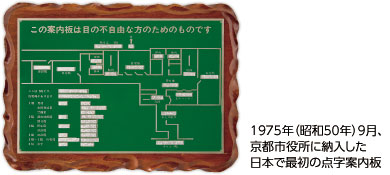1975年(昭和50年)9月、京都市役所に納入した日本で最初の点字案内板